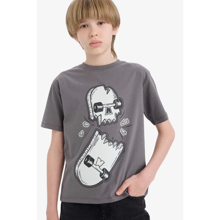 Defacto D9293 Antrasit Erkek Çocuk Bisiklet Yaka Kaykay Baskılı Kısa Kollu Tişört