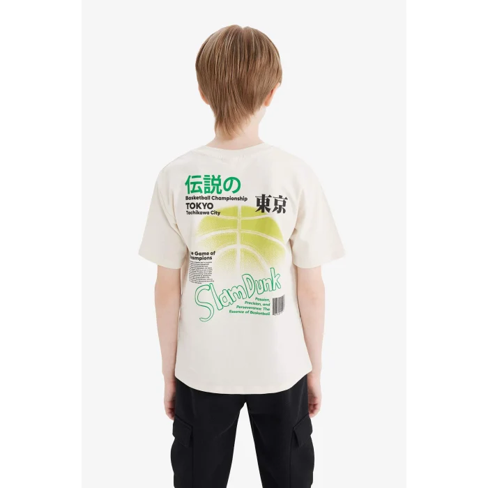 Defacto E0100 Bej Erkek Çocuk Bisiklet Yaka Sırt Baskılı Kısa Kollu Tişört