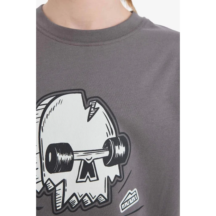 Defacto D9293 Antrasit Erkek Çocuk Bisiklet Yaka Kaykay Baskılı Kısa Kollu Tişört