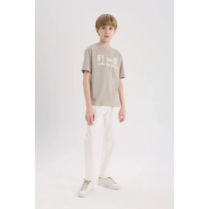 Defacto D9265 Gri Erkek Çocuk Bisiklet Yaka Sırt Baskılı Kısa Kollu Tişört