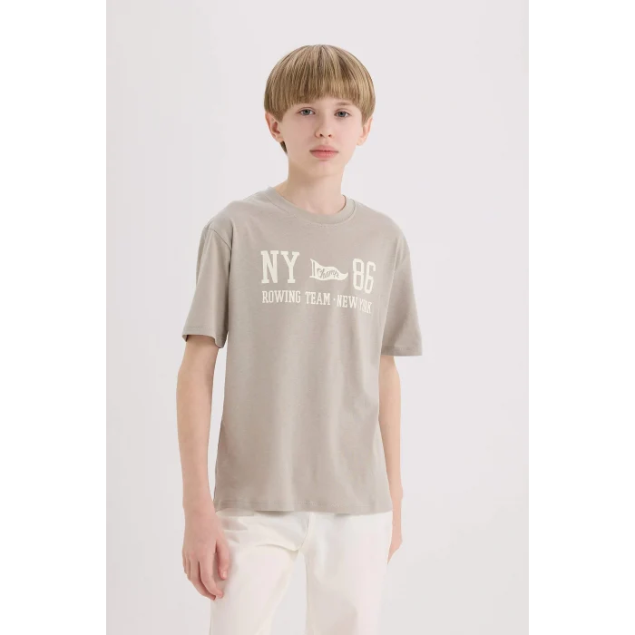 Defacto D9265 Gri Erkek Çocuk Bisiklet Yaka Sırt Baskılı Kısa Kollu Tişört