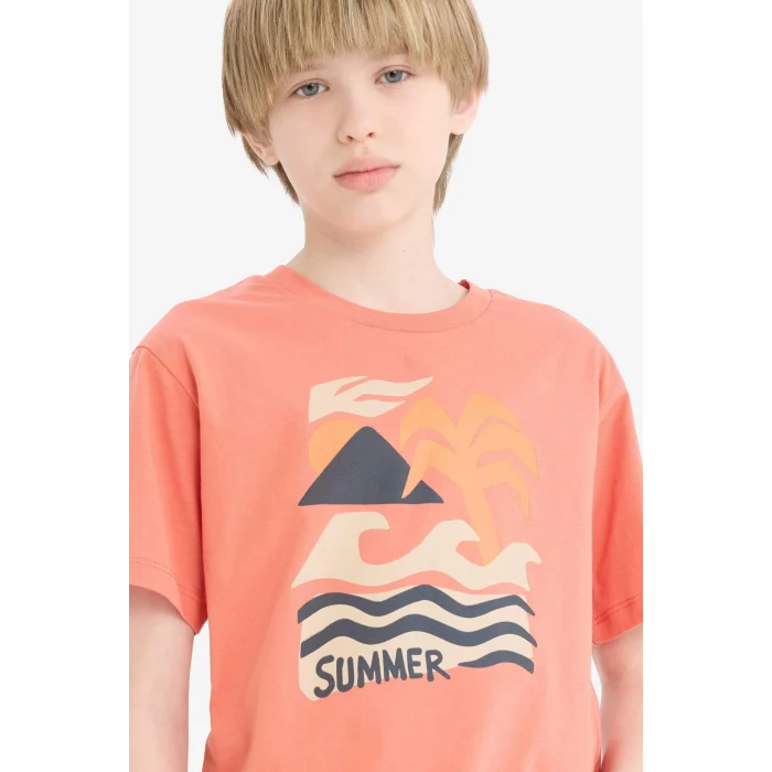 Defacto E6317 Turuncu Erkek Çocuk Bisiklet Yaka Baskılı Kısa Kollu Tişört