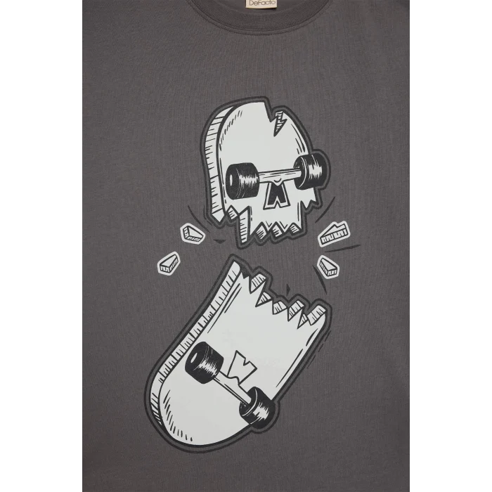 Defacto D9293 Antrasit Erkek Çocuk Bisiklet Yaka Kaykay Baskılı Kısa Kollu Tişört