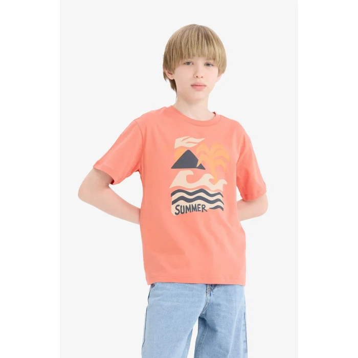 Defacto E6317 Turuncu Erkek Çocuk Bisiklet Yaka Baskılı Kısa Kollu Tişört