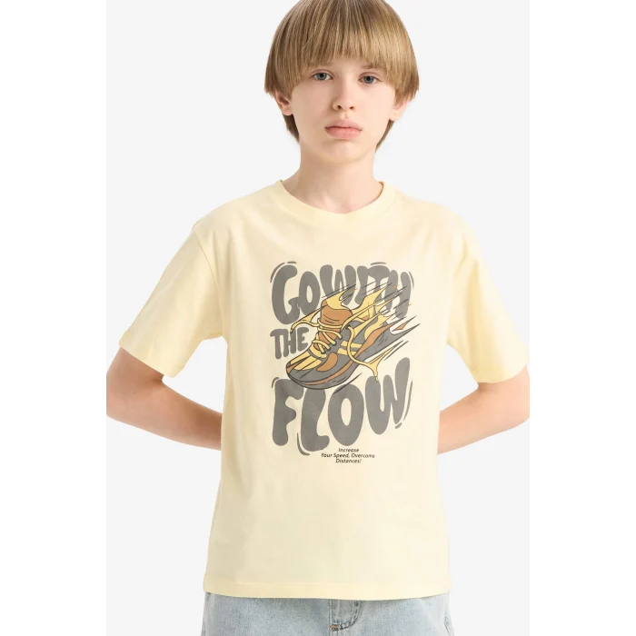 Defacto E6312 Sarı Erkek Çocuk Bisiklet Yaka Baskılı Kısa Kollu Tişört