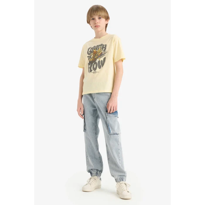 Defacto E6312 Sarı Erkek Çocuk Bisiklet Yaka Baskılı Kısa Kollu Tişört
