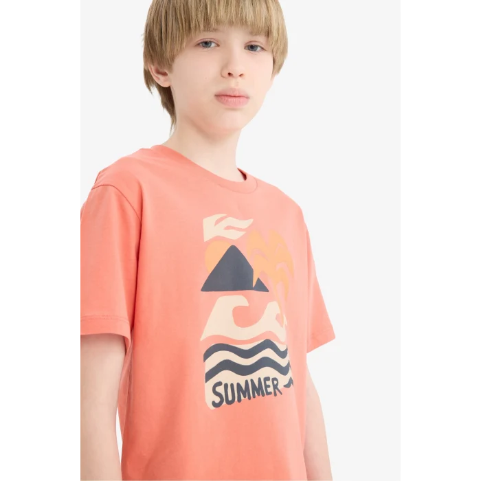 Defacto E6317 Turuncu Erkek Çocuk Bisiklet Yaka Baskılı Kısa Kollu Tişört