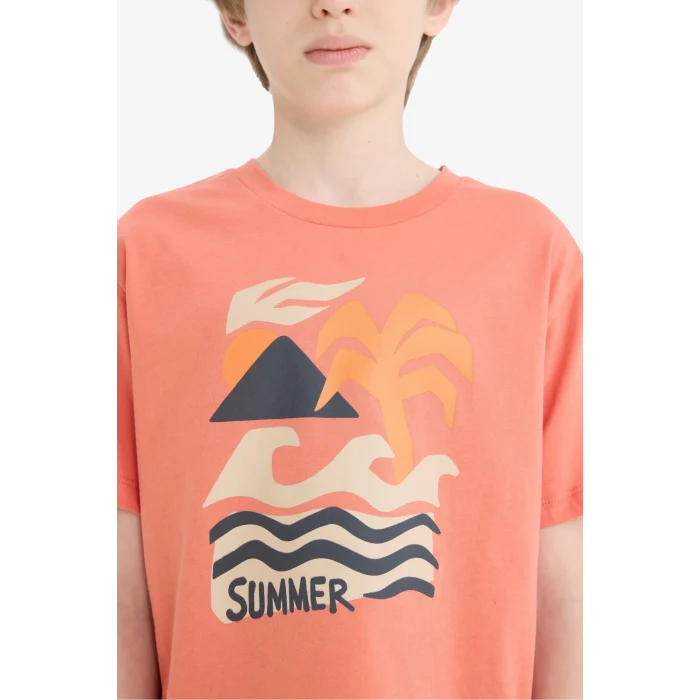 Defacto E6317 Turuncu Erkek Çocuk Bisiklet Yaka Baskılı Kısa Kollu Tişört