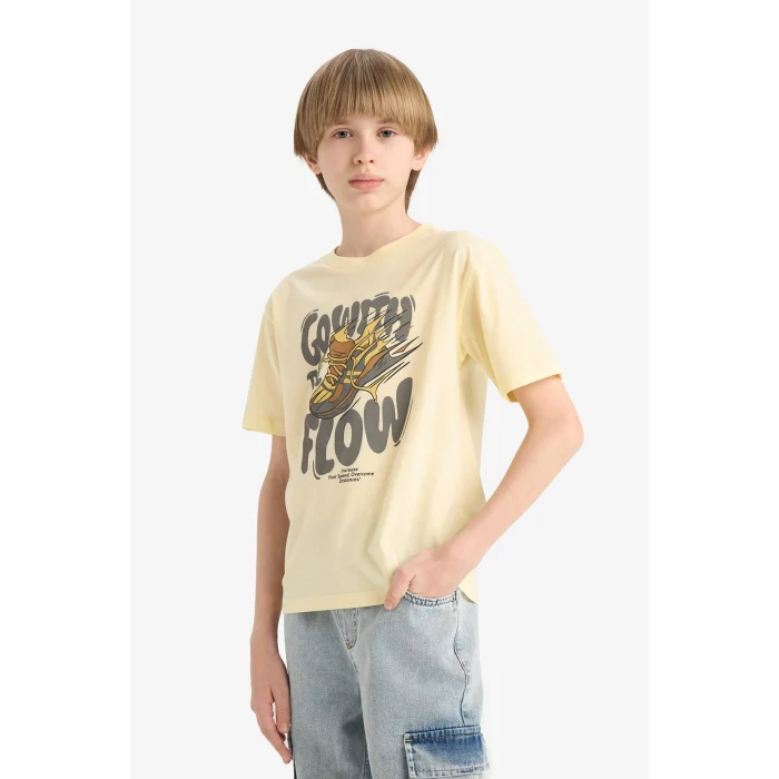 Defacto E6312 Sarı Erkek Çocuk Bisiklet Yaka Baskılı Kısa Kollu Tişört