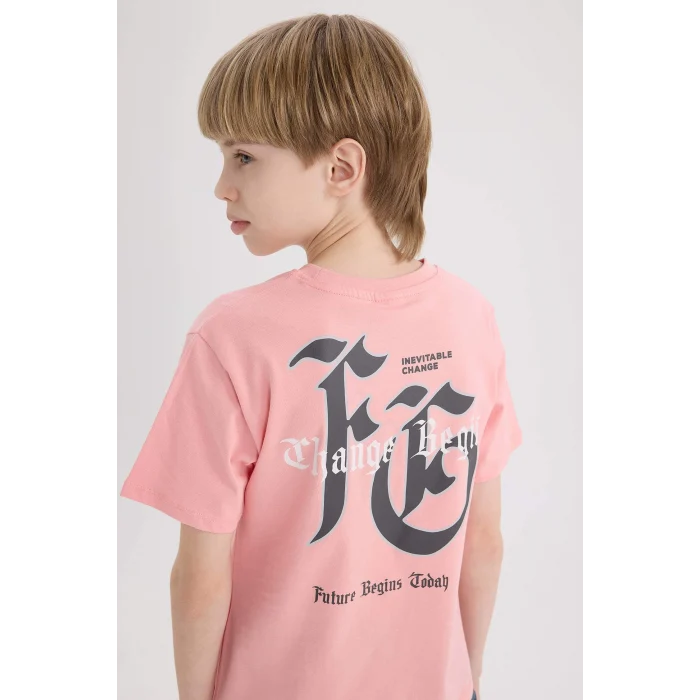 Defacto E0101 Pembe Erkek Çocuk Bisiklet Yaka Sırt Baskılı Kısa Kollu Tişört