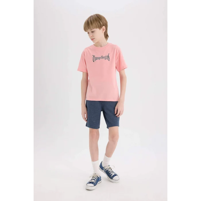 Defacto E0101 Pembe Erkek Çocuk Bisiklet Yaka Sırt Baskılı Kısa Kollu Tişört