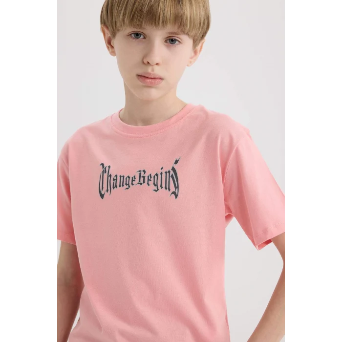 Defacto E0101 Pembe Erkek Çocuk Bisiklet Yaka Sırt Baskılı Kısa Kollu Tişört