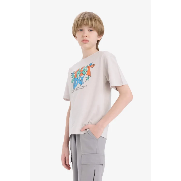 Defacto E6318 Gri Erkek Çocuk Bisiklet Yaka Baskılı Kısa Kollu Tişört