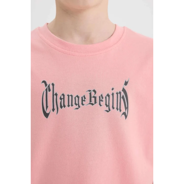 Defacto E0101 Pembe Erkek Çocuk Bisiklet Yaka Sırt Baskılı Kısa Kollu Tişört