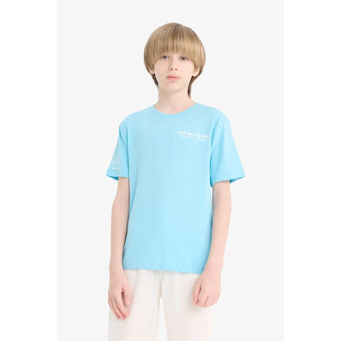 Defacto E0102 Mavi Erkek Çocuk Bisiklet Yaka Baskılı Kısa Kollu Tişört