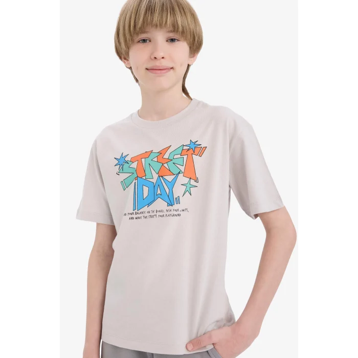 Defacto E6318 Gri Erkek Çocuk Bisiklet Yaka Baskılı Kısa Kollu Tişört