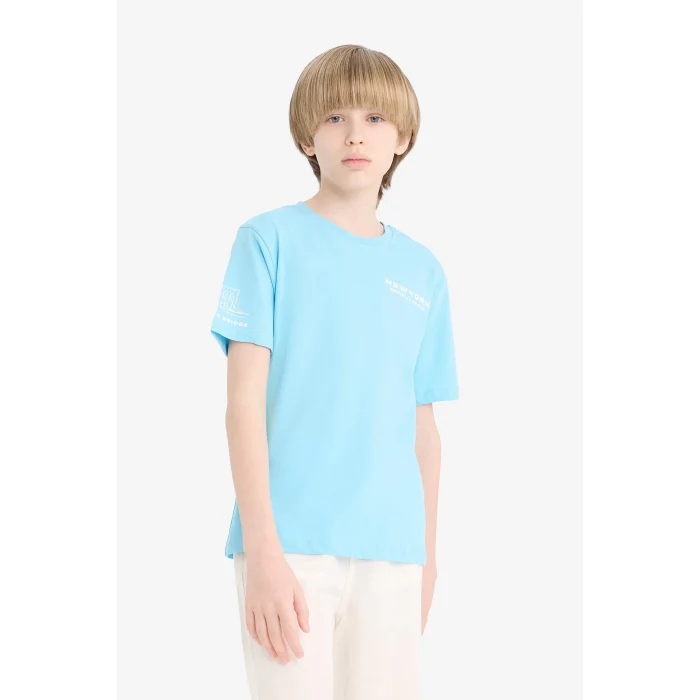 Defacto E0102 Mavi Erkek Çocuk Bisiklet Yaka Baskılı Kısa Kollu Tişört