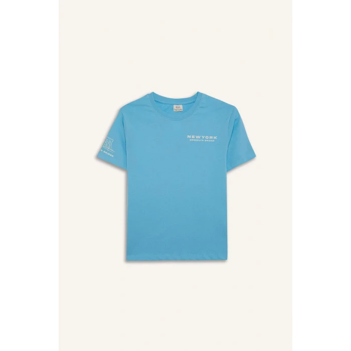 Defacto E0102 Mavi Erkek Çocuk Bisiklet Yaka Baskılı Kısa Kollu Tişört