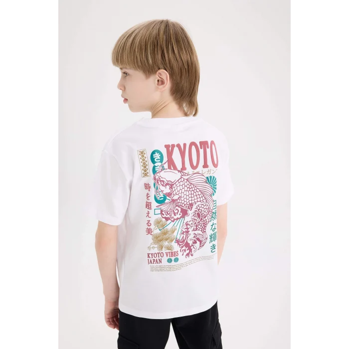 Defacto E5081 Beyaz Erkek Çocuk Bisiklet Yaka Sırt Baskılı Kısa Kollu Tişört