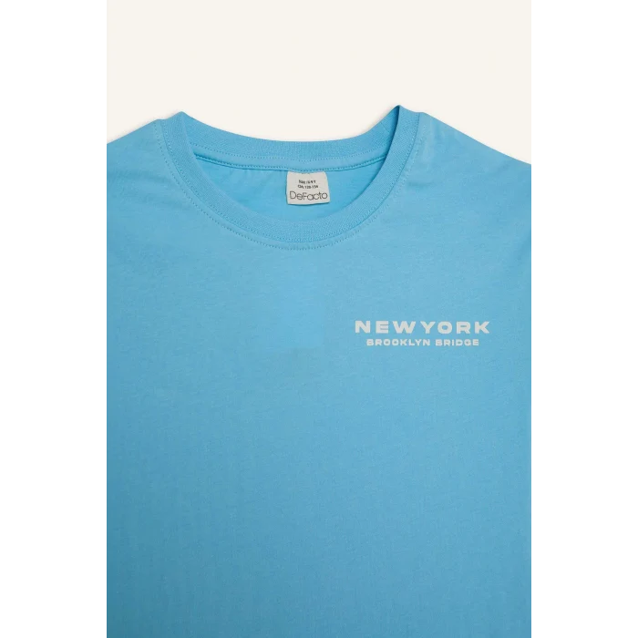 Defacto E0102 Mavi Erkek Çocuk Bisiklet Yaka Baskılı Kısa Kollu Tişört