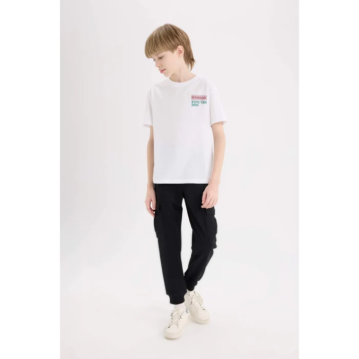 Defacto E5081 Beyaz Erkek Çocuk Bisiklet Yaka Sırt Baskılı Kısa Kollu Tişört