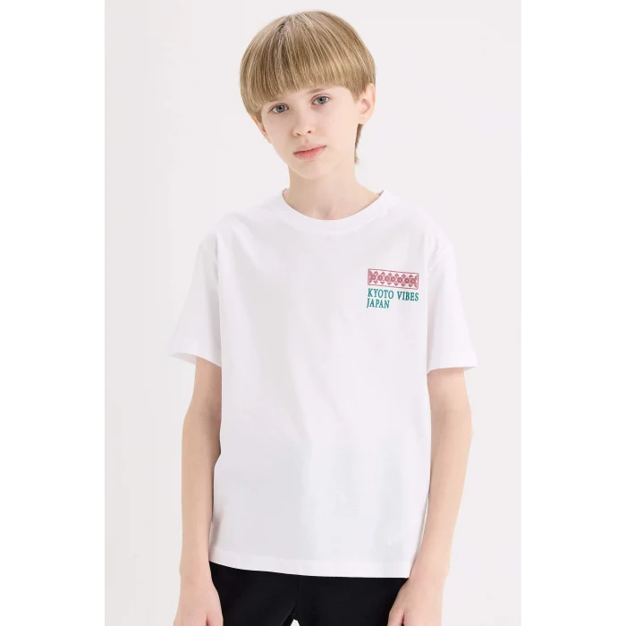 Defacto E5081 Beyaz Erkek Çocuk Bisiklet Yaka Sırt Baskılı Kısa Kollu Tişört