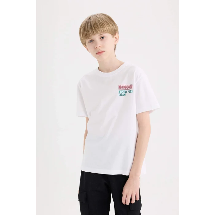 Defacto E5081 Beyaz Erkek Çocuk Bisiklet Yaka Sırt Baskılı Kısa Kollu Tişört