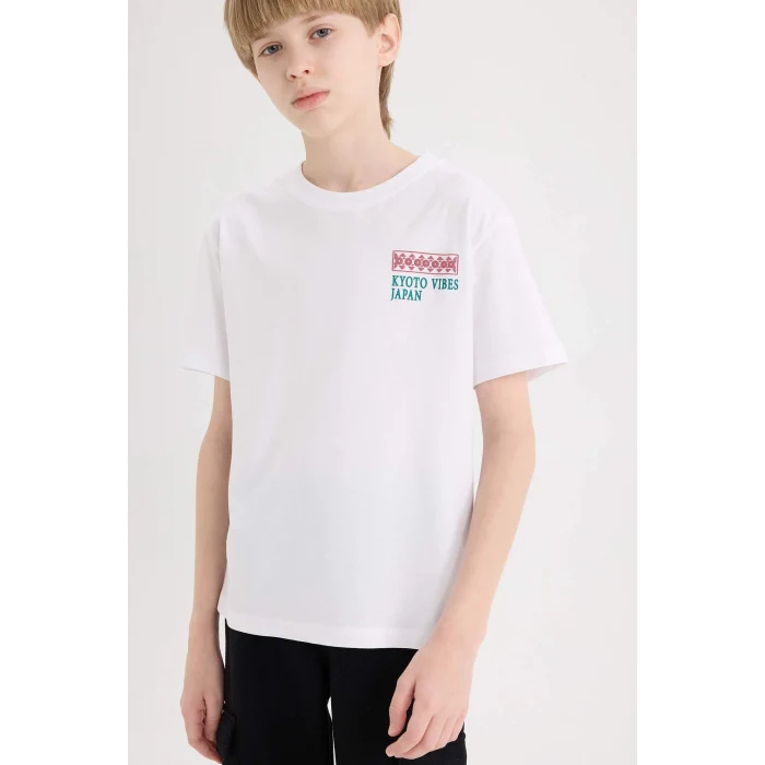 Defacto E5081 Beyaz Erkek Çocuk Bisiklet Yaka Sırt Baskılı Kısa Kollu Tişört