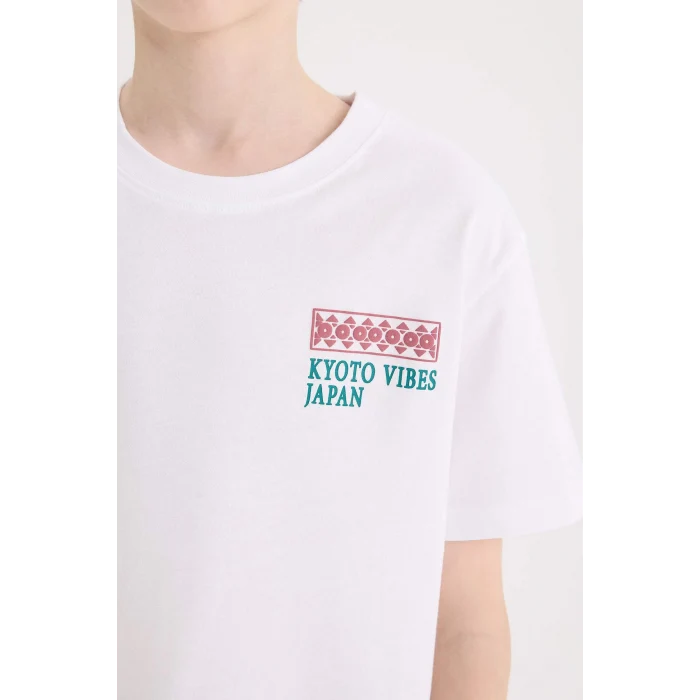 Defacto E5081 Beyaz Erkek Çocuk Bisiklet Yaka Sırt Baskılı Kısa Kollu Tişört