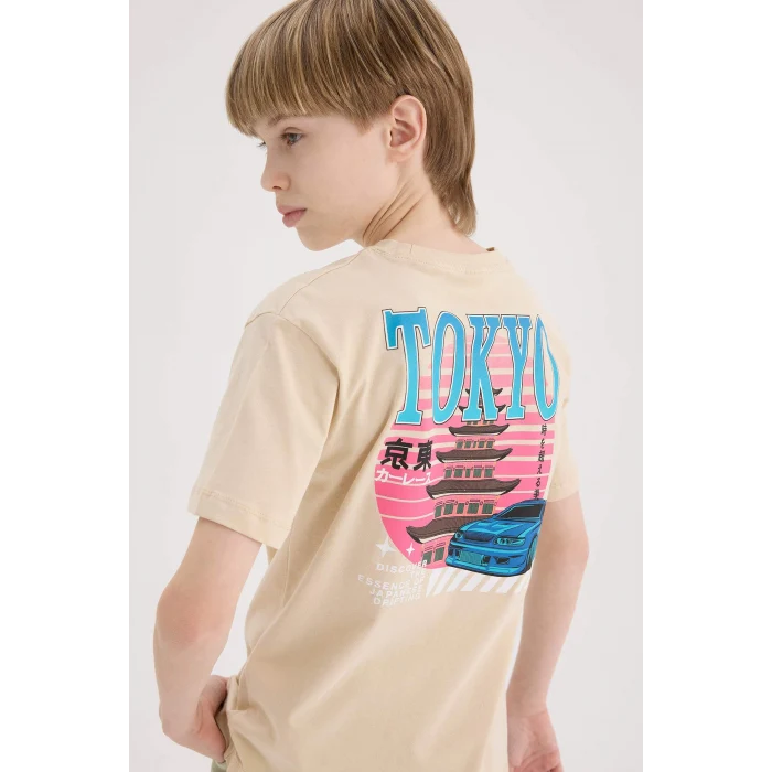 Defacto E5082 Bej Erkek Çocuk Bisiklet Yaka Sırt Baskılı Kısa Kollu Tişört