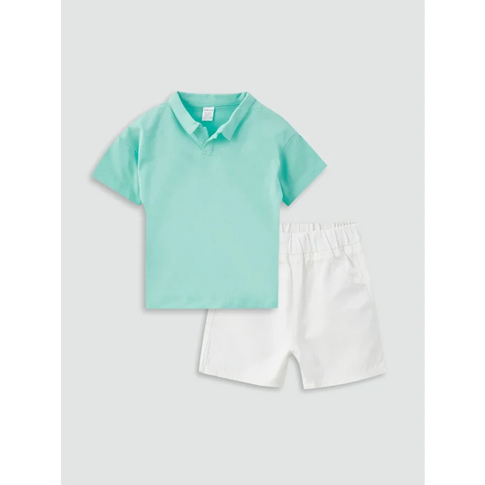 LCW baby Turkuaz Polo Yaka Kısa Kollu Basic Erkek Bebek Tişört ve Şort 2li Takım
