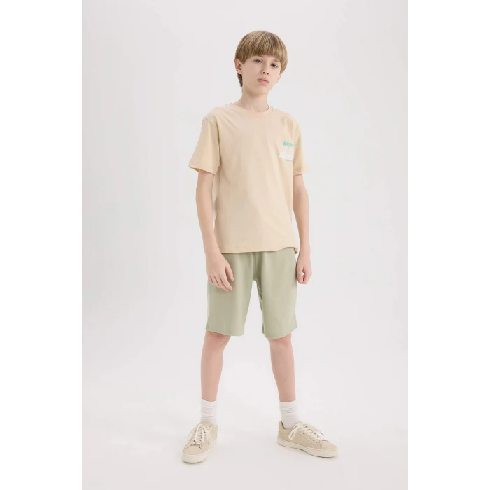 Defacto E5082 Bej Erkek Çocuk Bisiklet Yaka Sırt Baskılı Kısa Kollu Tişört