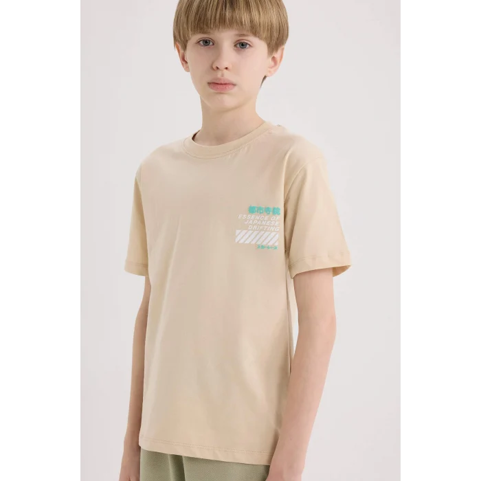Defacto E5082 Bej Erkek Çocuk Bisiklet Yaka Sırt Baskılı Kısa Kollu Tişört