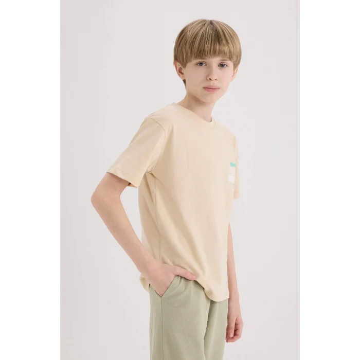 Defacto E5082 Bej Erkek Çocuk Bisiklet Yaka Sırt Baskılı Kısa Kollu Tişört