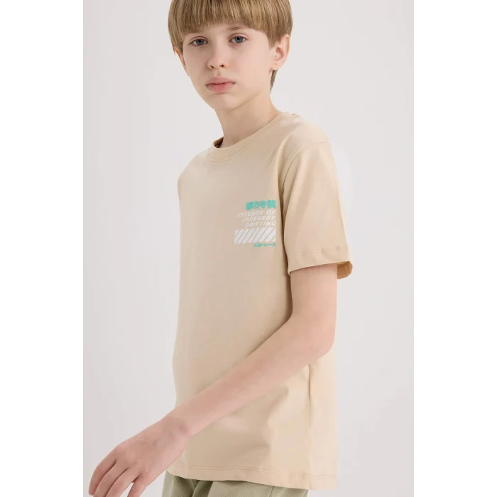 Defacto E5082 Bej Erkek Çocuk Bisiklet Yaka Sırt Baskılı Kısa Kollu Tişört