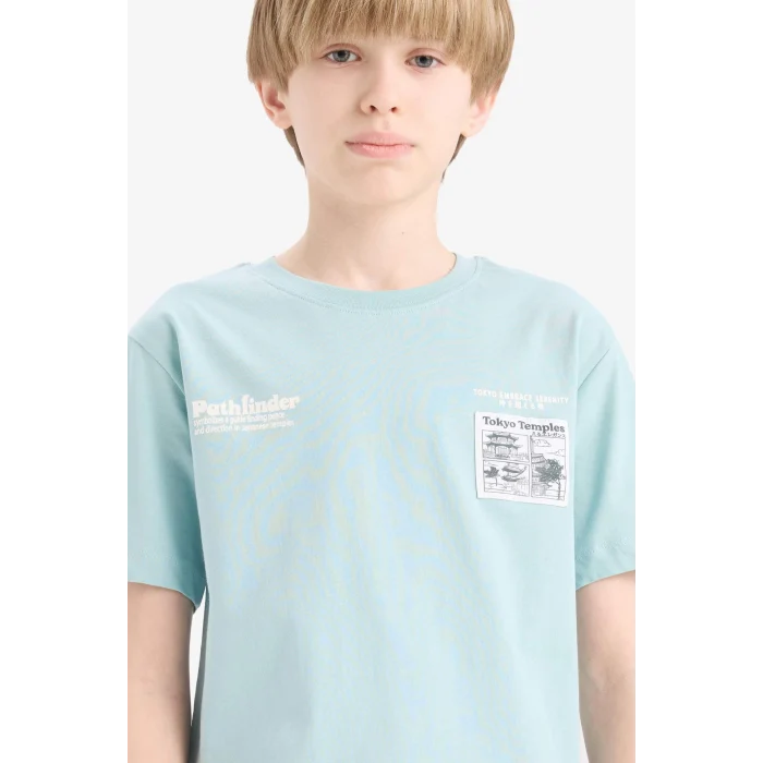 Defacto E5079 Yeşil Erkek Çocuk Bisiklet Yaka Baskılı Kısa Kollu Tişört