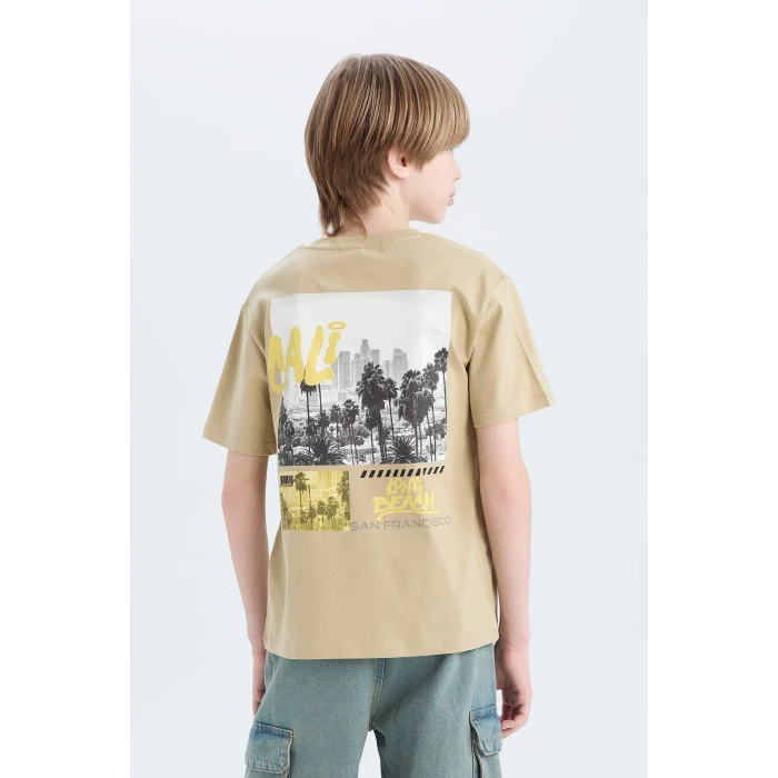 Defacto D9267 Haki Erkek Çocuk Bisiklet Yaka Sırt Baskılı Kısa Kollu Tişört