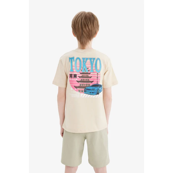 Defacto E5082 Bej Erkek Çocuk Bisiklet Yaka Sırt Baskılı Kısa Kollu Tişört