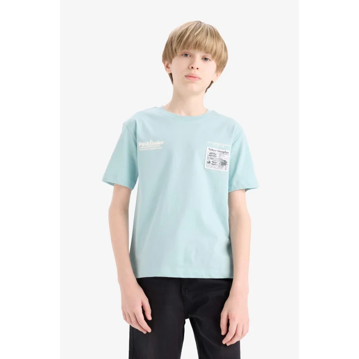 Defacto E5079 Yeşil Erkek Çocuk Bisiklet Yaka Baskılı Kısa Kollu Tişört