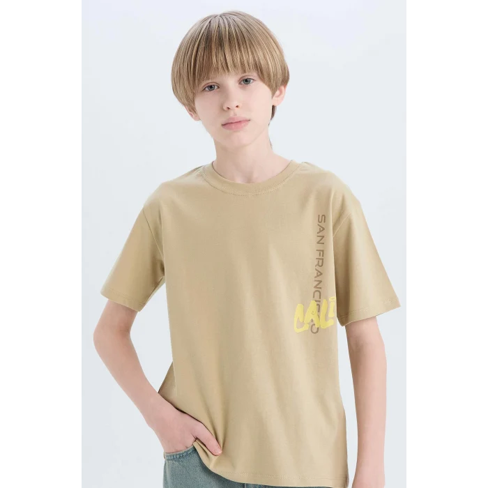 Defacto D9267 Haki Erkek Çocuk Bisiklet Yaka Sırt Baskılı Kısa Kollu Tişört