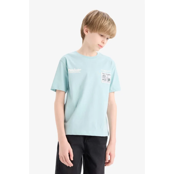 Defacto E5079 Yeşil Erkek Çocuk Bisiklet Yaka Baskılı Kısa Kollu Tişört