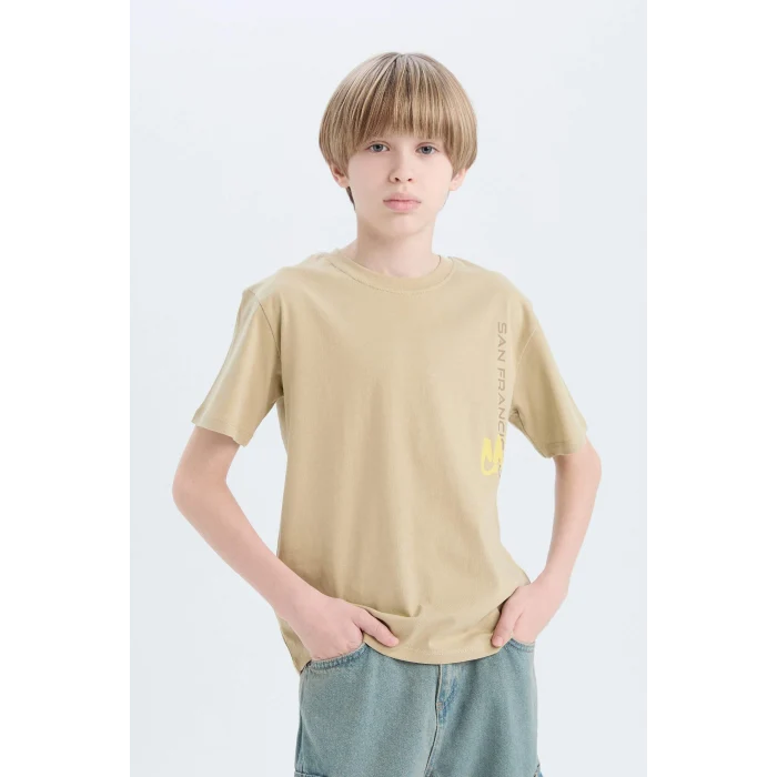 Defacto D9267 Haki Erkek Çocuk Bisiklet Yaka Sırt Baskılı Kısa Kollu Tişört
