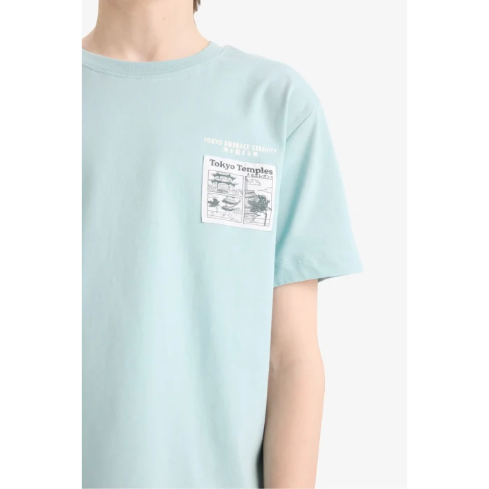 Defacto E5079 Yeşil Erkek Çocuk Bisiklet Yaka Baskılı Kısa Kollu Tişört