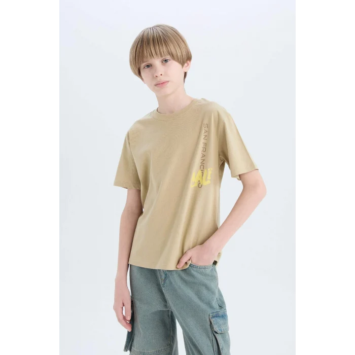 Defacto D9267 Haki Erkek Çocuk Bisiklet Yaka Sırt Baskılı Kısa Kollu Tişört