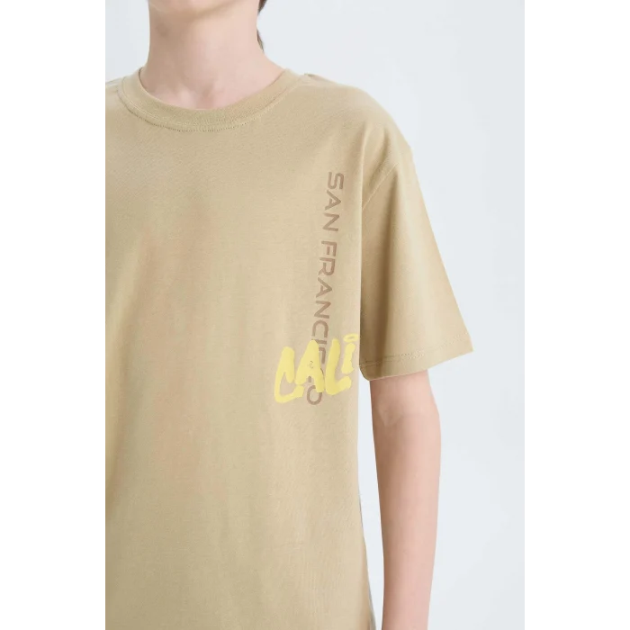 Defacto D9267 Haki Erkek Çocuk Bisiklet Yaka Sırt Baskılı Kısa Kollu Tişört