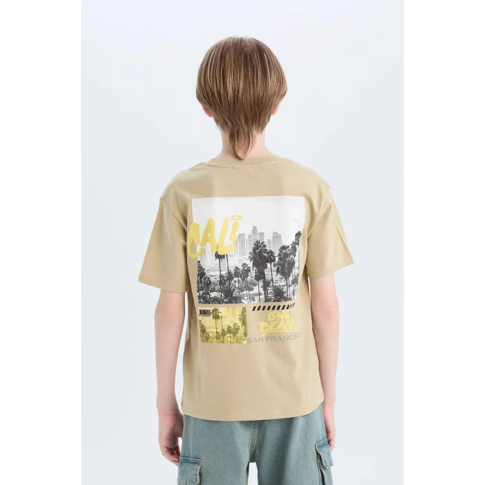 Defacto D9267 Haki Erkek Çocuk Bisiklet Yaka Sırt Baskılı Kısa Kollu Tişört