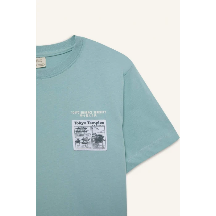 Defacto E5079 Yeşil Erkek Çocuk Bisiklet Yaka Baskılı Kısa Kollu Tişört