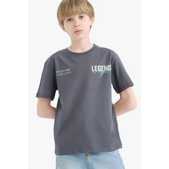 Defacto E2840 Antrasit Erkek Çocuk Bisiklet Yaka Sırt Baskılı Kısa Kollu Tişört