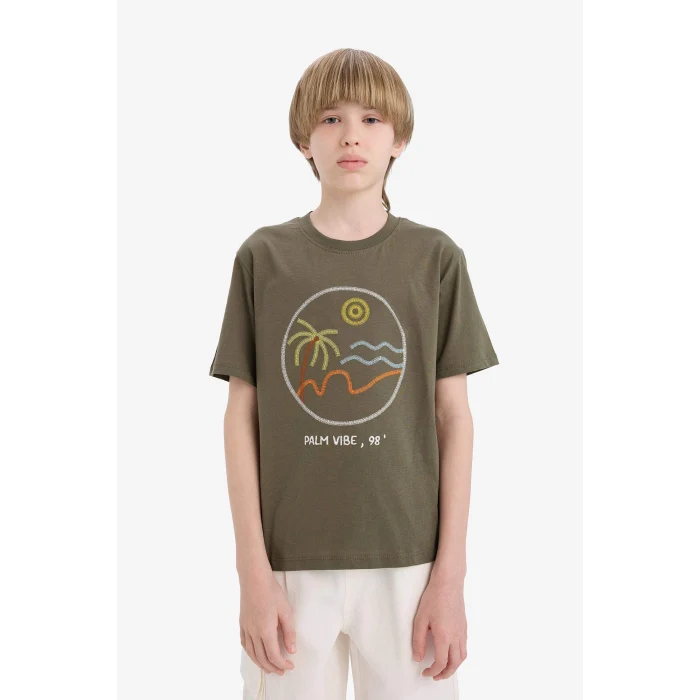 Defacto E0964 Haki Erkek Çocuk Bisiklet Yaka Nakışlı Kısa Kollu Tişört