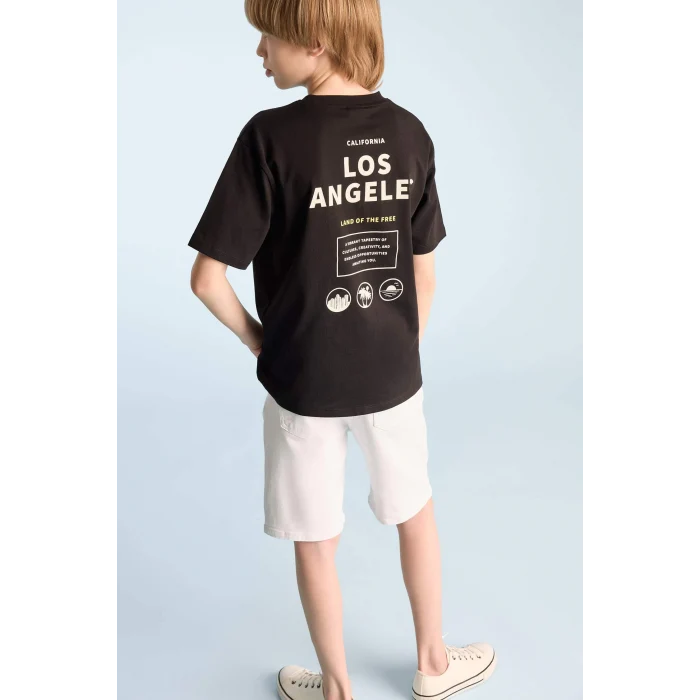 Defacto E0099 Siyah Erkek Çocuk Bisiklet Yaka Sırt Baskılı Kısa Kollu Tişört